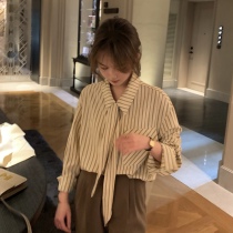 Small crowd~ 2022 Spring and autumn retro tie collar tie with striped shirt female short and small sub 150 blouses