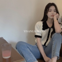 Delicate Miu Wind ~ Black & White Collage small balsamic wind turning short sleeves Knitted Sweatshirt Short blouses woman 150 small