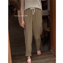 2022 summer card with its color tightness waist pumping rope cotton linen pants 90% pants small leggings 150 small subs