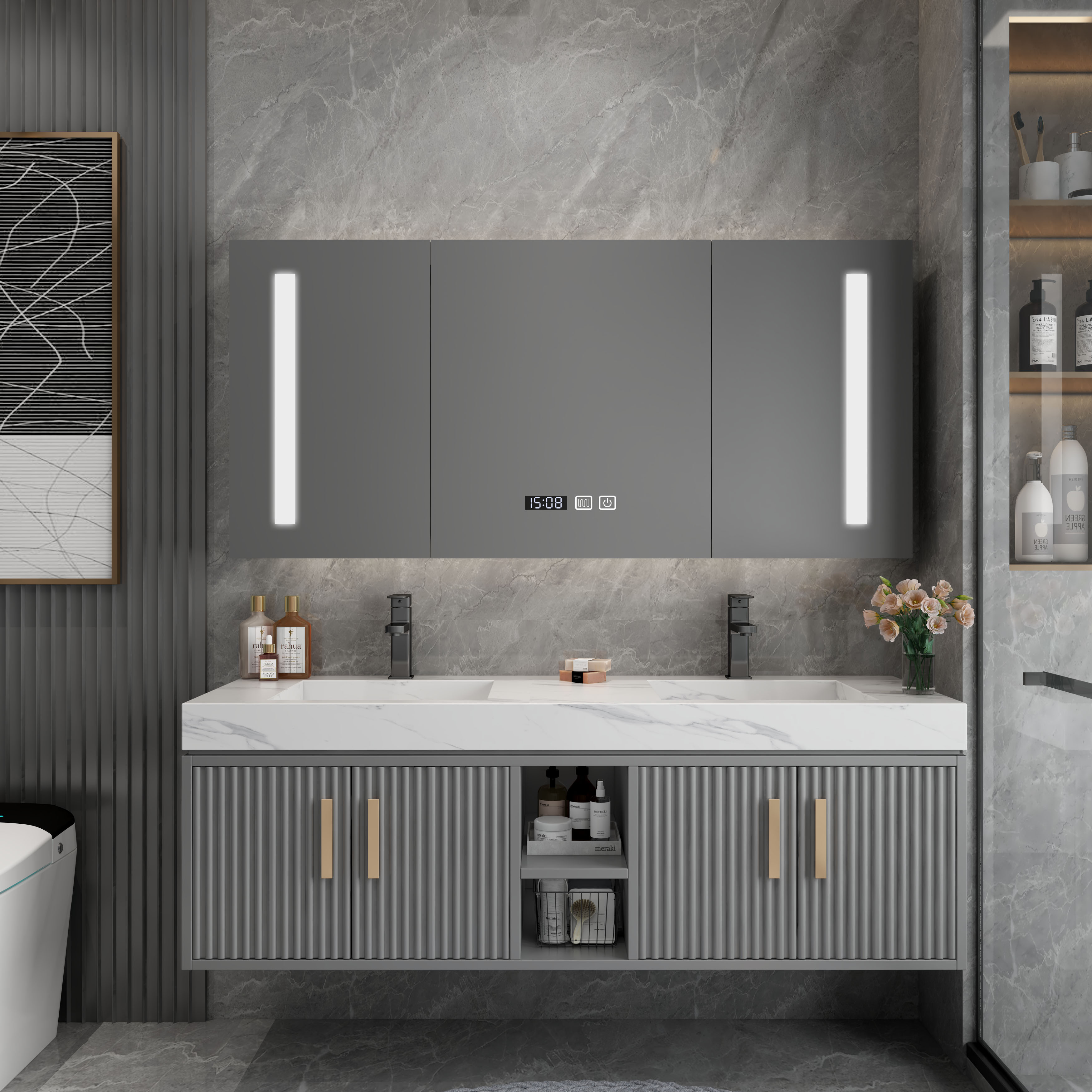 Modern rock board bathroom cabinet combination Simple light luxury solid wood powder room Intelligent sink washbasin washbasin Double slot washbasin