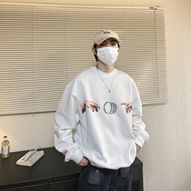 MONEYSLAN finger niche tide brand American autumn and winter plus velvet loose mens couple round neck sweater ins