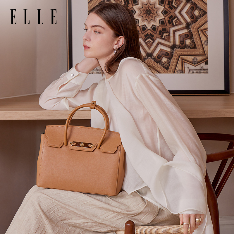 Elle Women's Bag 2026 New Model Bag Commuter Handbag Genuine Leather Briefcase Fashion Platinum Bag Large Capacity Large Bag