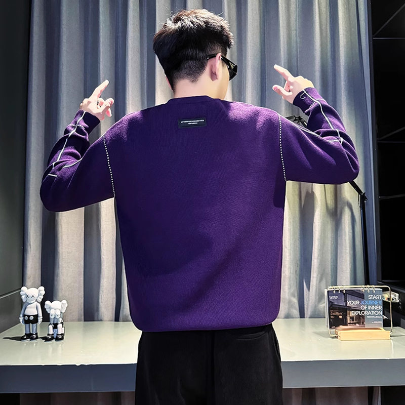 Versatile Men's Purple Base Sweater, Round Neck Knitwear, Autumn and Winter New Trendy Brand Knit Sweater