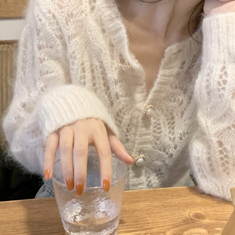 Thin Hollow-Out Mohair Knit Cardigan for Women, New Spring and Autumn Short Style, Gentle and Fairy-Like, Chanel-Style Sweater Jacket