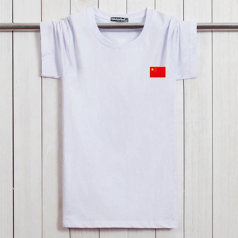 Short-sleeved T-shirt with Chinese logo printed on five-star red flag top clothing men and women military fans half sleeve large size