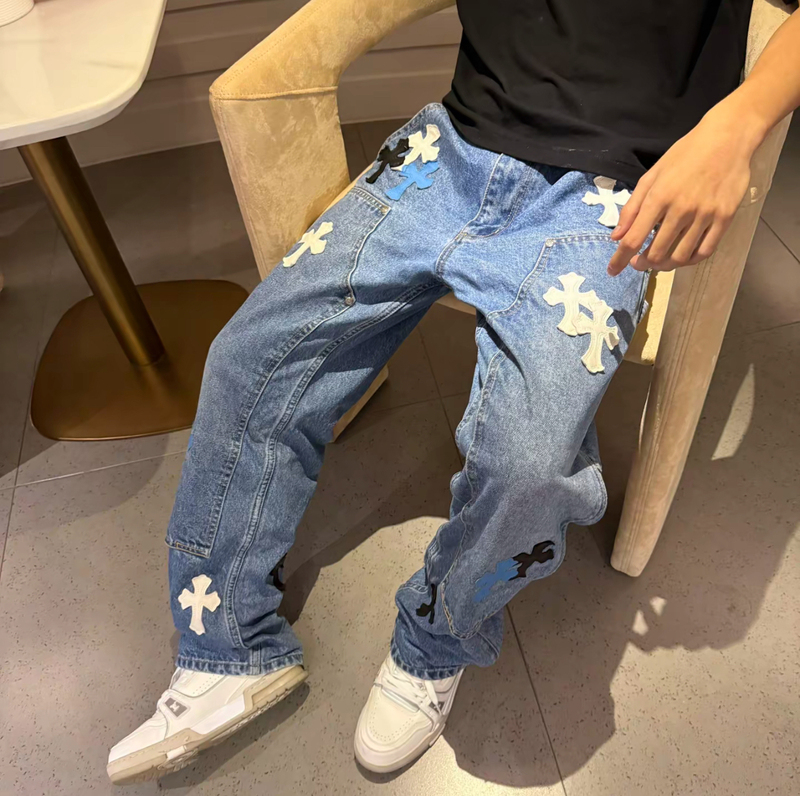 Vibe Lab's Independent B73 Cross-Patterned Denim Jeans in the Same Style as the Prince of the Cattle, Ice Blue Workwear Style, Clean Fit