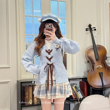 Fabric pig senyu tangqiao sweet retro style blue fake two-piece sweater for women winter lazy sweater jacket