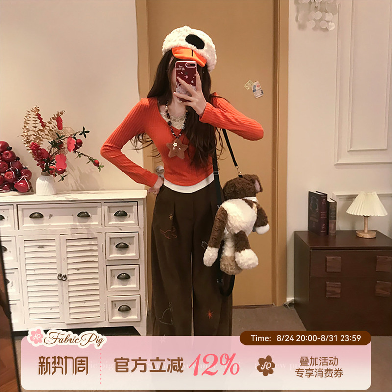 Fabric Pig Warm Orange Sweet Chestnut Color Corduroy Casual Pants for Women Autumn and Winter Straight-Leg Versatile Long Pants Fabric Pig Warm Orange Sweet Chestnut Color Corduroy Casual Pants for Women Autumn and Winter Straight-Leg Versatile Long Pants