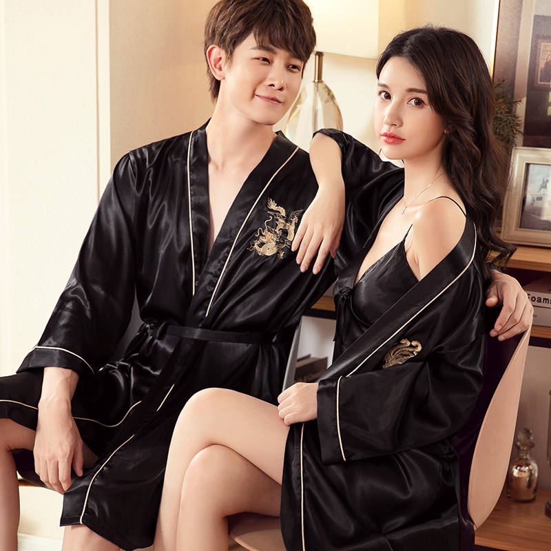 Pajamas for men and women couples four seasons universal ice silk nightgown summer men and women simulation silk home service two-piece suit
