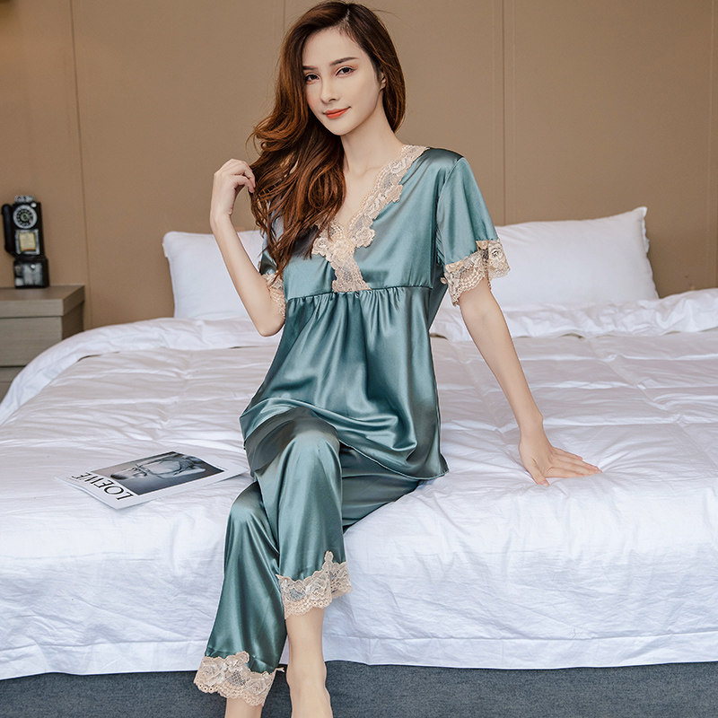 Summer ice silk women's pajamas 2022 new short-sleeved high-end two-piece suit summer thin silk homewear