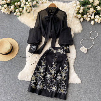 Royal sister light familiar style suit female lace-up bow mesh embroidery shirt high waist skirt tube top three-piece set