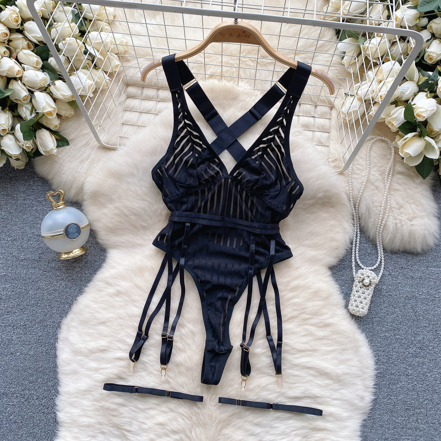 Chillgio Frauen sexy transparente gestreifte Riemchen Stram pler Dessous einteilige Kombination Cat suits Mode Bodycon Mesh Bodys – Detail 14