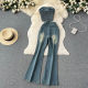 American retro hot girl style pure desire denim tube top top + high waist flared trousers two-piece suit