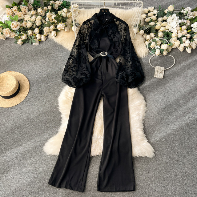 Light luxury palace style puff sleeves, heavy embroidery, bow collar, slim long jumpsuit, women's high-end wide-leg pants