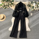 Light luxury palace style puff sleeves, heavy embroidery, bow collar, slim long jumpsuit, women's high-end wide-leg pants