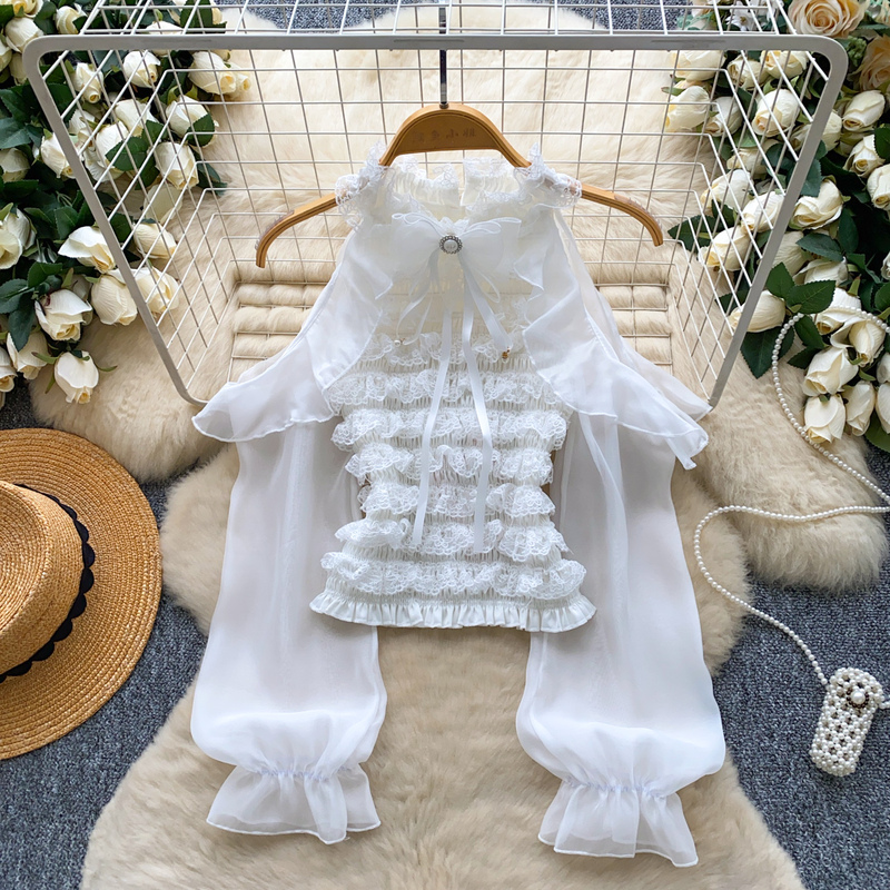 Chanel-Style High-End Halter Neck Off-Shoulder Mesh Long-Sleeve Lace Patchwork Top for Women, Autumn Slim-Fit French Shirt