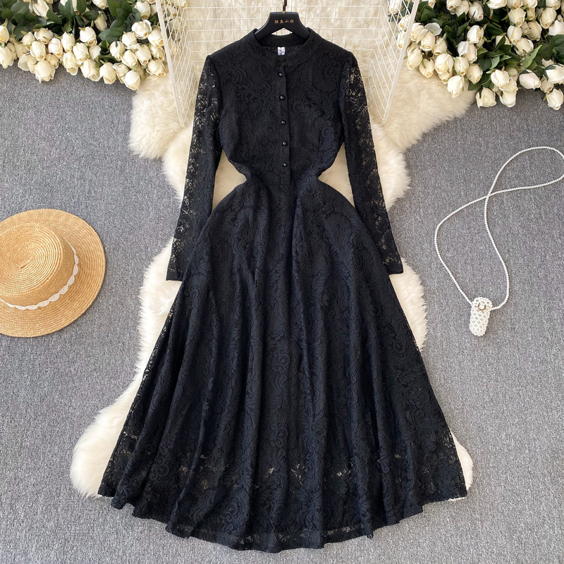 Retro Hepburn Style Stand-Up Collar Long-Sleeved Lace Dress for Women, Waist Slimming, Elegant, French Accessible Luxury, Elegant Little Black Dress