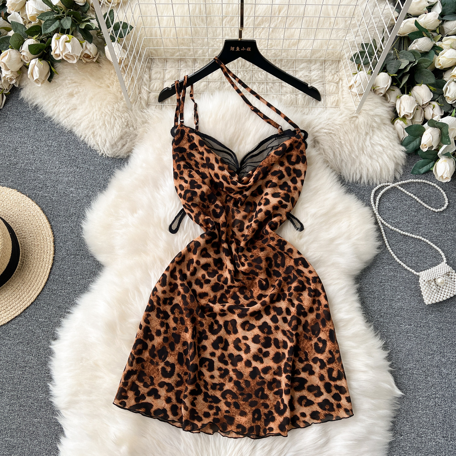 Chillgio Frauen sexy Leopard Spaghetti träger Kleid Sommer Mini Pyjama Nachthemd schiere Mode Schmetterling Swinging Kragen Nachthemden – Detail 3