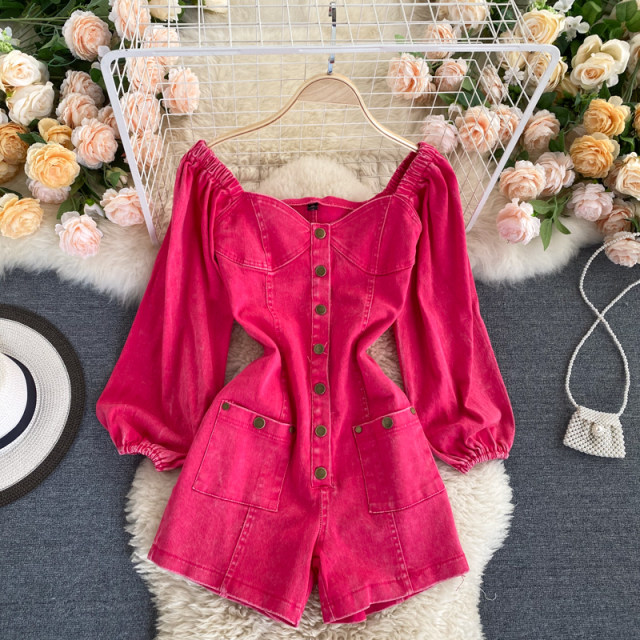 ins is fashionable to wear white rose red jumpsuit autumn retro single-breasted slim short jeans trend