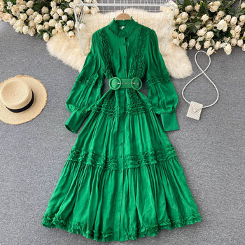 European and American style high-end light luxury big swing long skirt 2021 autumn new style waist tie retro long-sleeved shirt dress