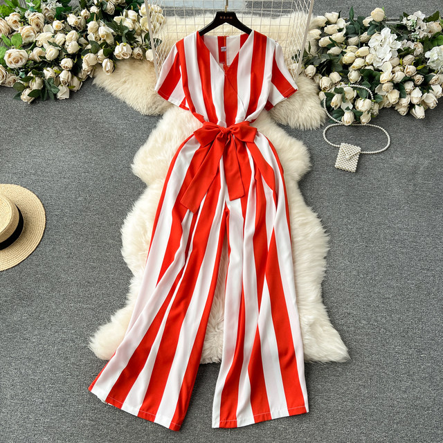 European and American jumpsuits for women 2024 new design color-blocked striped lace-up waist slimming long wide-leg pants trendy