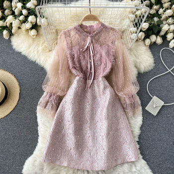 High-end light luxury French retro dress heavy industry beaded mesh embroidery high-end lady temperament A-line skirt