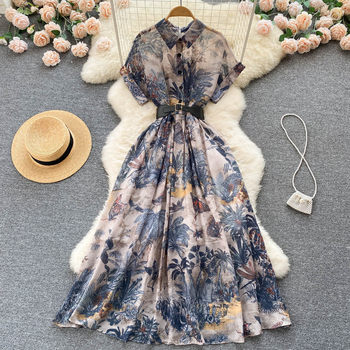 Palace style French niche temperament elegant printed dress women's summer new waist slimming gentle wind long skirt