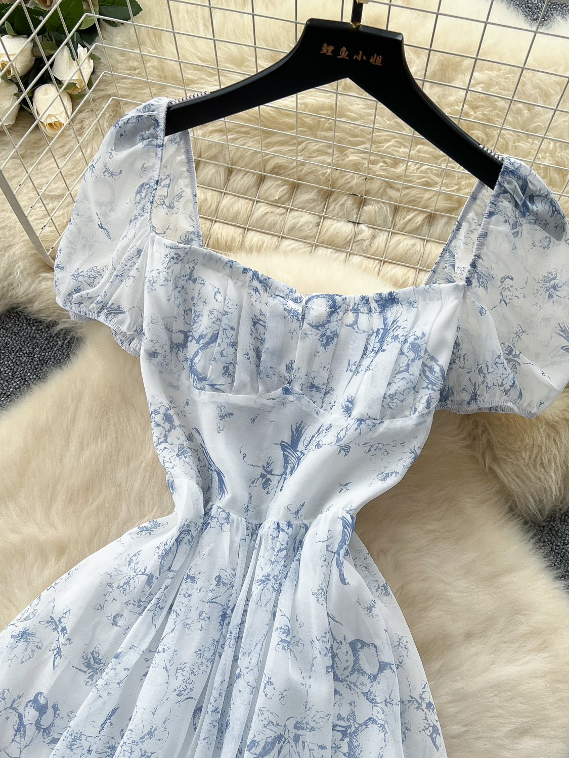 French super fairy style square neck puff sleeves waisted floral dress - Image 8