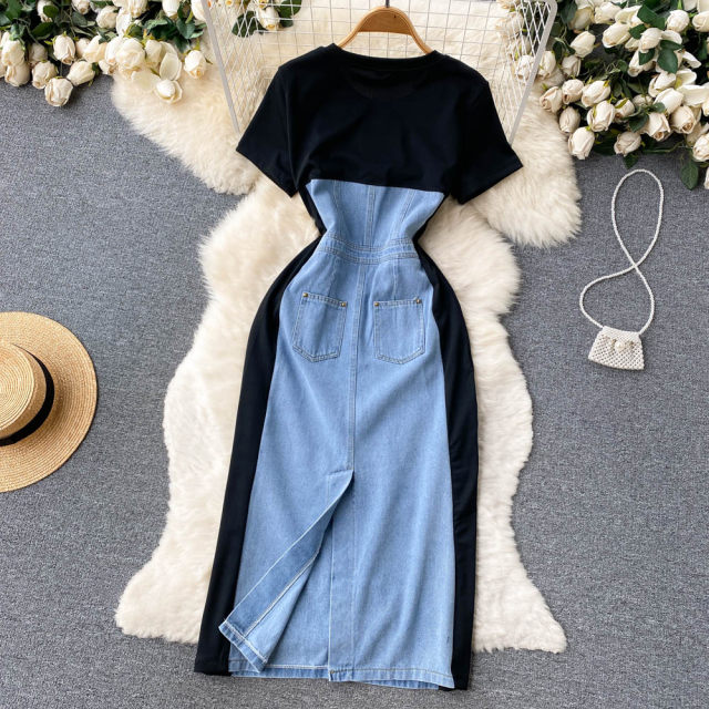 High-end cold wind contrast color denim splicing dress skirt summer women's chic and beautiful waist mid-length skirt trendy