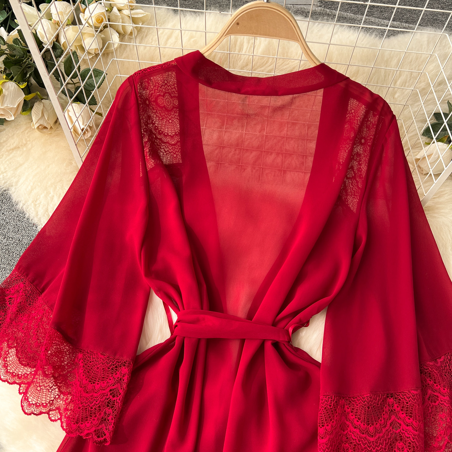 CHILLGIO Sexy Lace Patchwork Women Nightgowns V Neck Sash Nightie Nightwear Club Casual Fashion Loose Transparent Pajamas Dress
