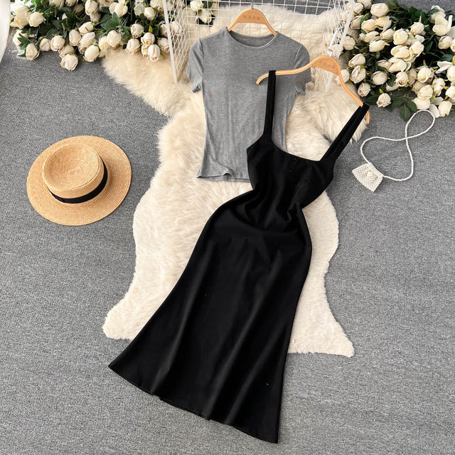 Summer new temperament retro style suit women's short-sleeved solid color top elastic bag hip suspender fishtail skirt two-piece set