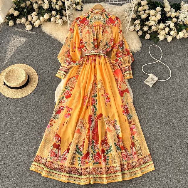 Spring new design sense French retro stand collar puff sleeves printed dress female ethnic style big swing long skirt