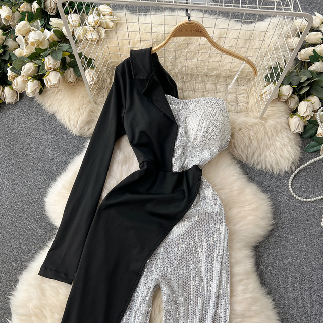 Celebrity high-end temperament jumpsuit for women Hong Kong chic niche light luxury off-shoulder suspenders long-sleeved sequin splicing trousers