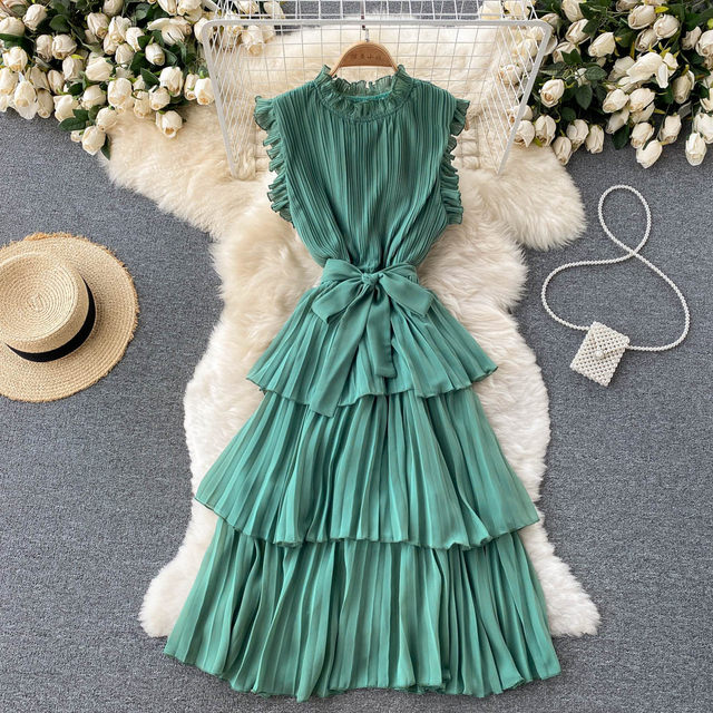 French Dress Women's Heavy Industry Pressed Pleated Wooden Ear Edge Neck Tie Waist Slim Falbala Chiffon Cake Dress