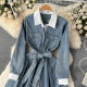 Spring new design sense temperament splicing lapel shirt dress women's fake two-piece fashion A-line denim skirt