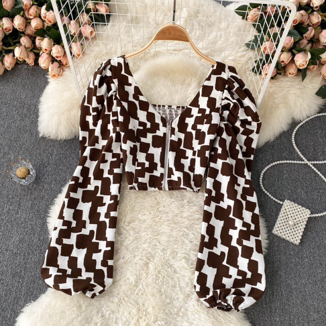 Short V-neck leopard print zipper shirt Korean version puff sleeve contrast printing shirt 2021 autumn all-match top women