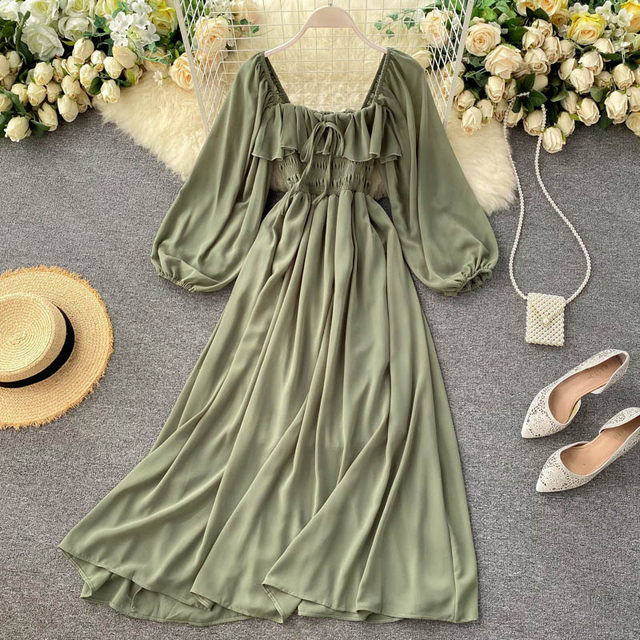 Chic gentle wind dress autumn 2020 new women's French retro square collar foreign bubble puff sleeve chiffon skirt