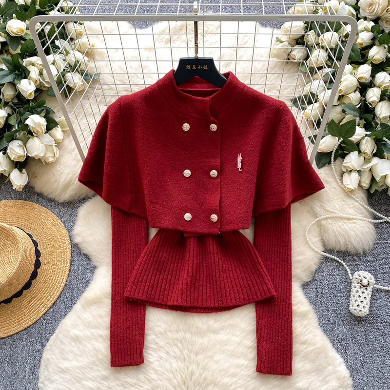 Chanel-Style Socialite Retro Double-Breasted Cape Shawl Sweater Coat for Women, Autumn and Winter Base Layer Long-Sleeve Knit Top