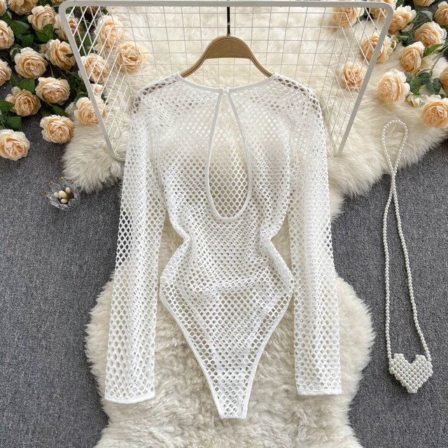 2022 European and American hot girls top sexy white mesh perspective hollow long-sleeved jumpsuit slim fit round neck blouse trendy