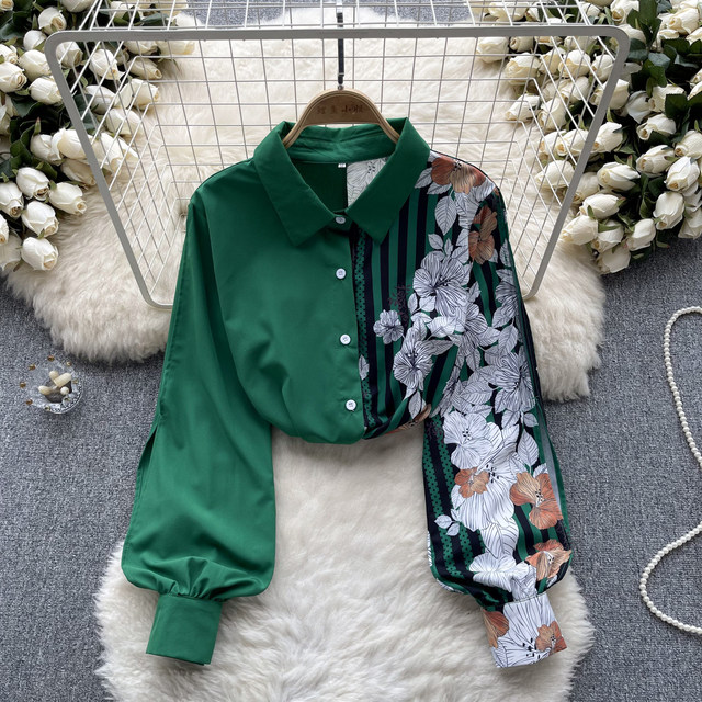 European and American style high-end long-sleeved shirt for women in autumn, printed splicing, loose design, niche temperament, light luxury top