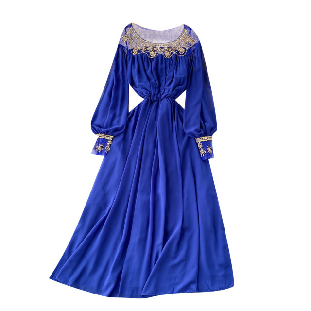 French style high-end beaded round neck dress summer women's light and familiar wind waist slimming blue A-line dress