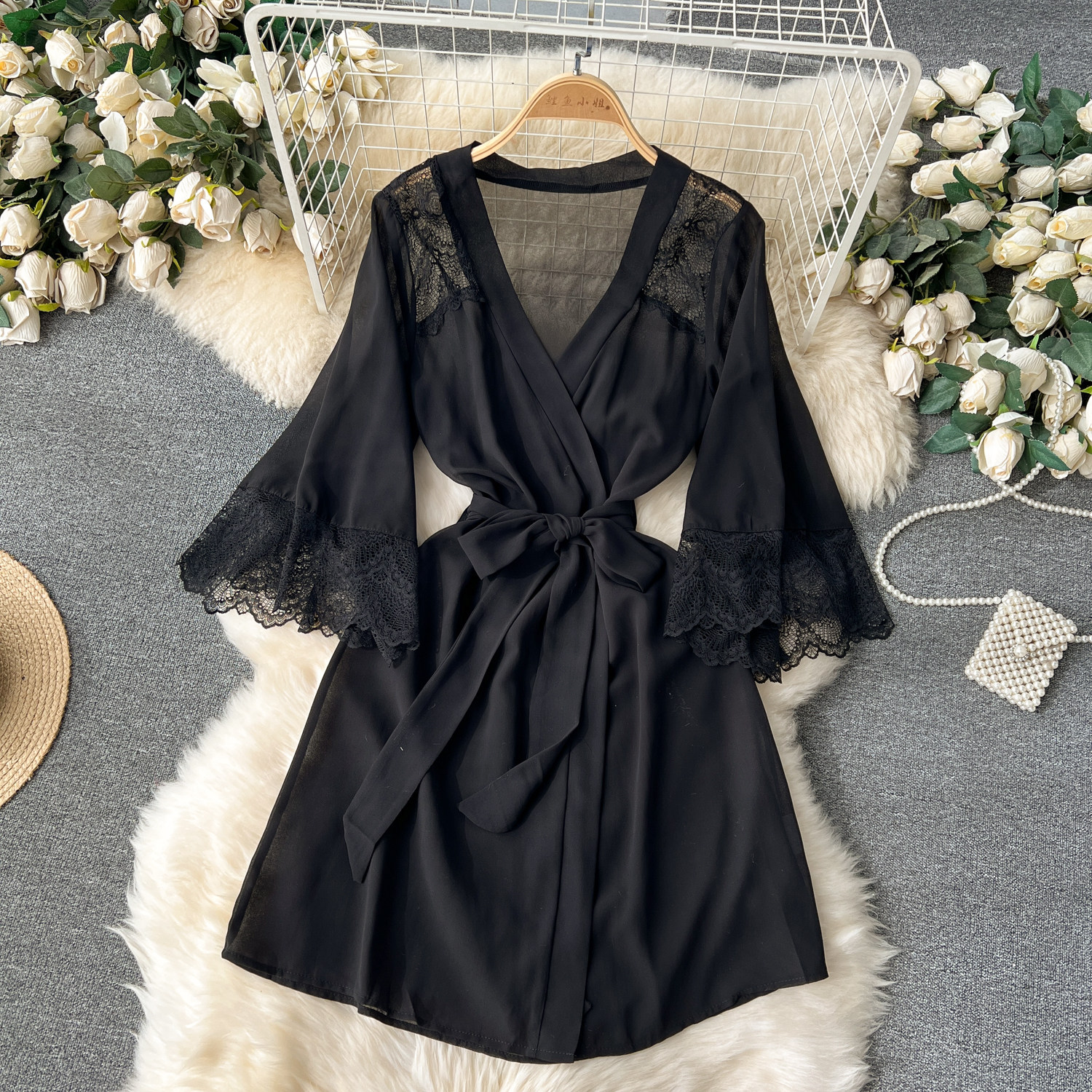 CHILLGIO Sexy Lace Patchwork Women Nightgowns V Neck Sash Nightie Nightwear Club Casual Fashion Loose Transparent Pajamas Dress