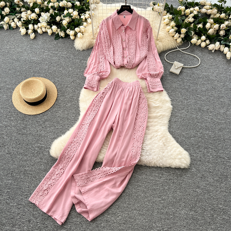 Palace-Style Retro Lace Patchwork Hollow-Out Lantern Sleeve Versatile Shirt + High-Waisted Slimming Wide-Leg Pants Two-Piece Set