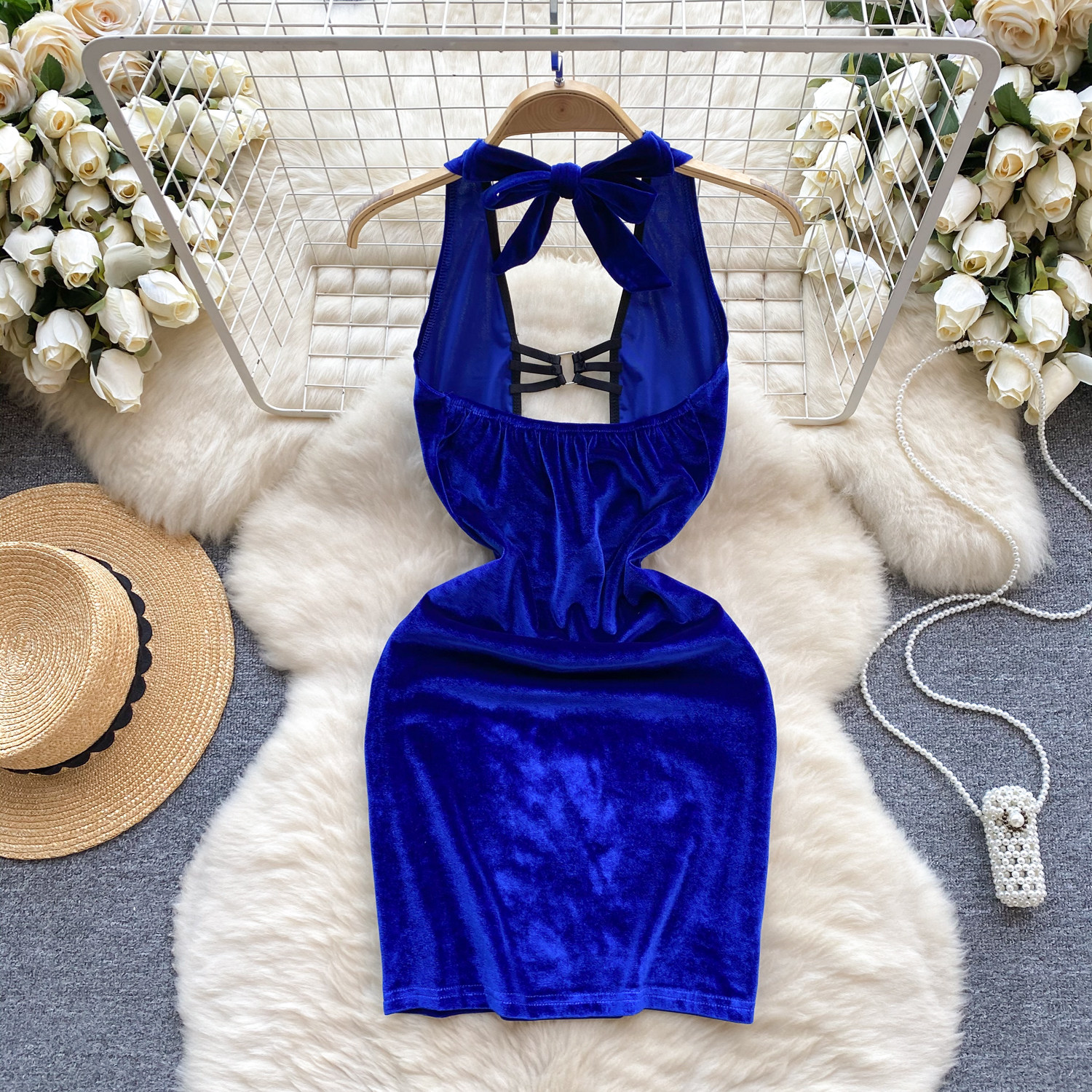 Chillgio sexy rücken freie Velours Frauen Kleid solide erotische Nachthemd Sommerkleid schlanke Halfter Vestido Club Mode Mini Bleistift Nachthemden – Detail 5