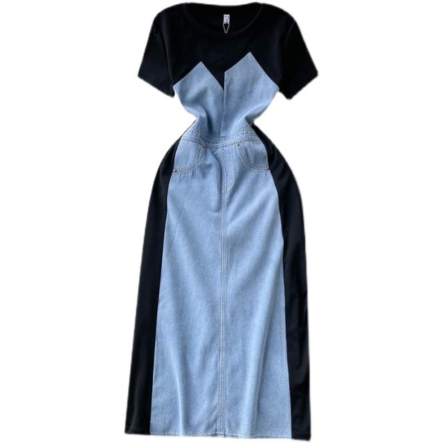 High-end cold wind contrast color denim splicing dress skirt summer women's chic and beautiful waist mid-length skirt trendy