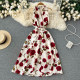 Retro Printed Dress 2022 New Goddess Fan Temperament V-neck Tie Waist Slim Mid-Length Dress Skirt