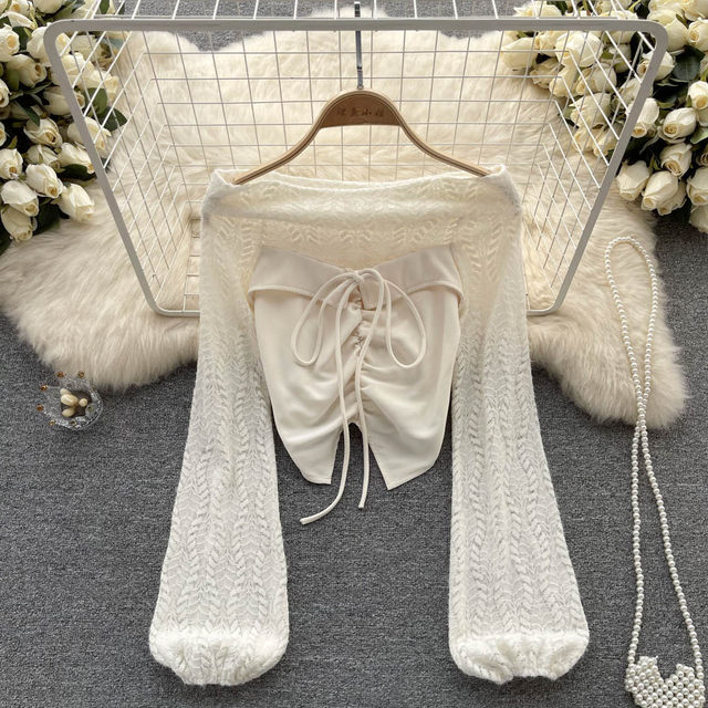 Autumn new temperament one-shoulder lace splicing design sense fake two-piece slim and thin irregular knitted sweater for women