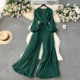 European and American puff sleeve jumpsuit for women 2024 early spring new style temperament V-neck lace-up waist long pleated wide-leg pants