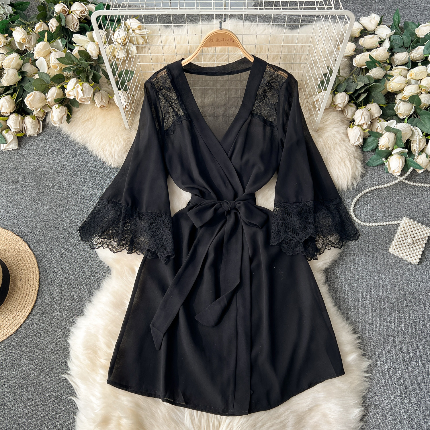 CHILLGIO Sexy Lace Patchwork Women Nightgowns V Neck Sash Nightie Nightwear Club Casual Fashion Loose Transparent Pajamas Dress
