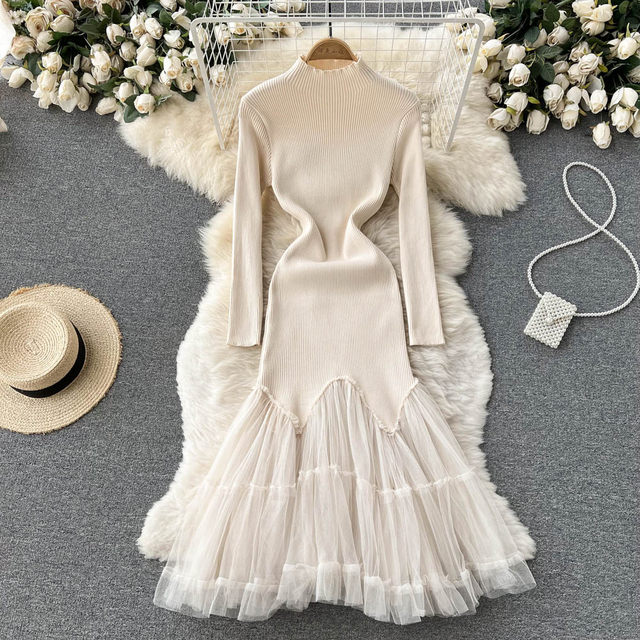 2022 autumn and winter new fairy dress female Hepburn temperament mesh stitching over the knee knitted mermaid long skirt trendy